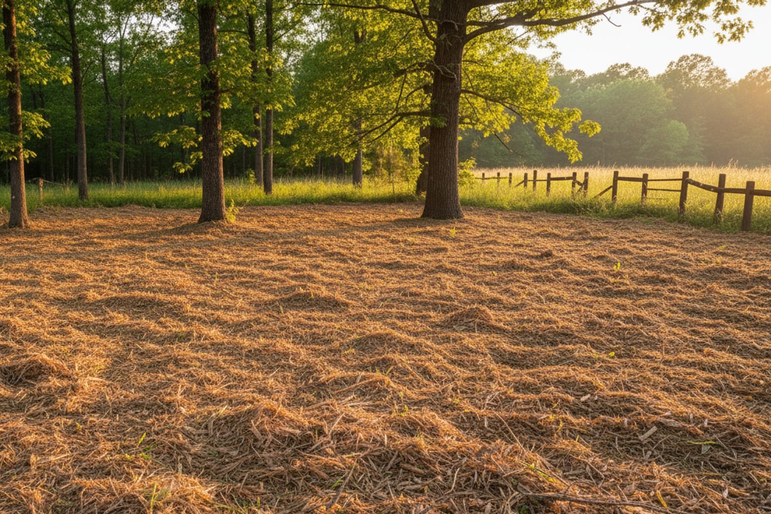 Same Northwest Georgia property after land clearing and forestry mulching by Hickory Hill, with mature oaks preserved and the underbrush ground into nutrient-rich mulch covering the property