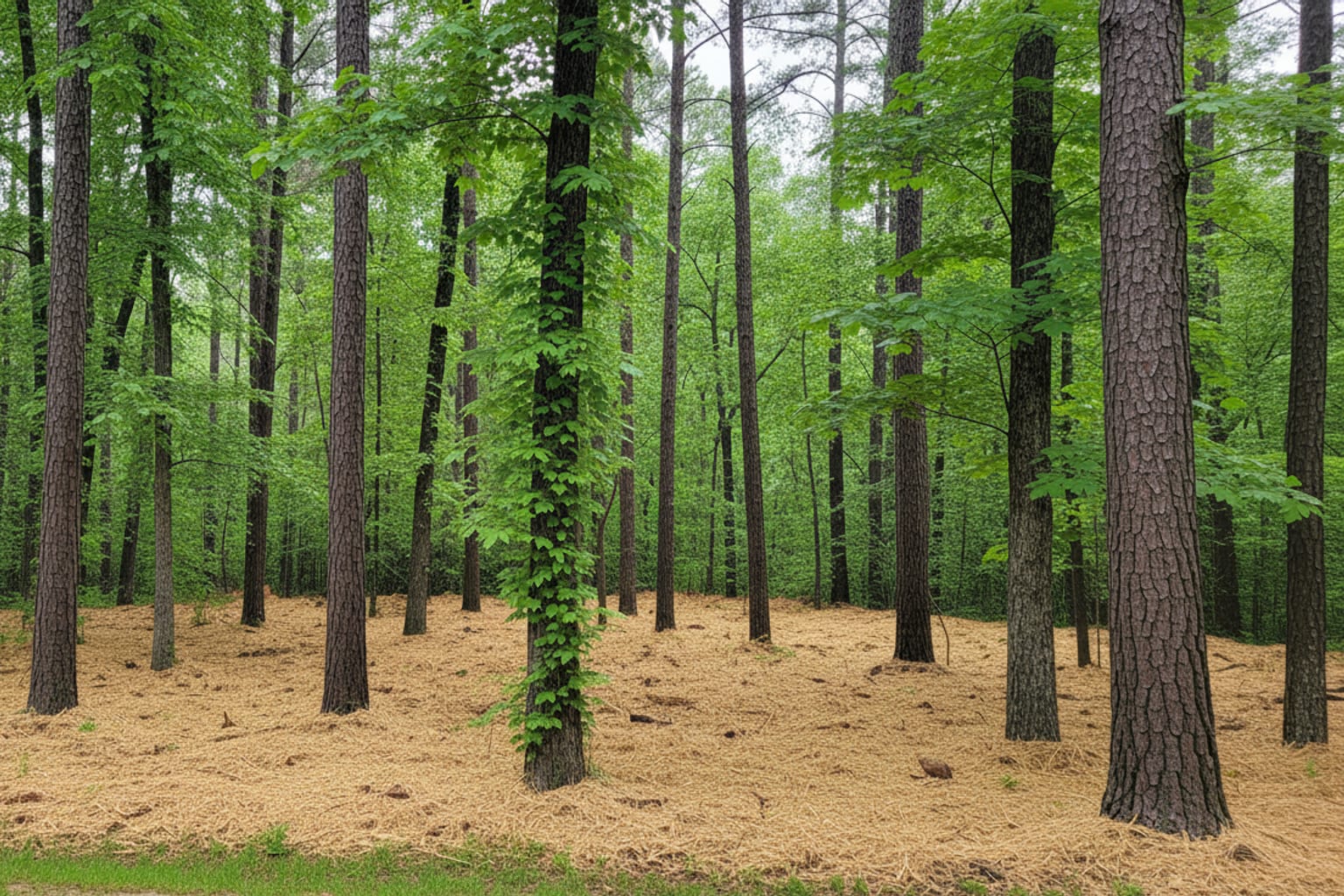 Same wooded Georgia lot after forestry mulching by Hickory Hill, mature trees preserved with a clean even mulch layer covering the forest floor