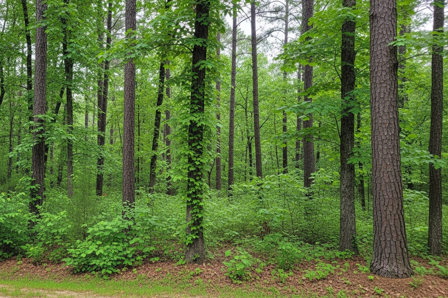 Wooded Georgia lot overgrown with privet, sweetgum saplings and brambles before forestry mulching