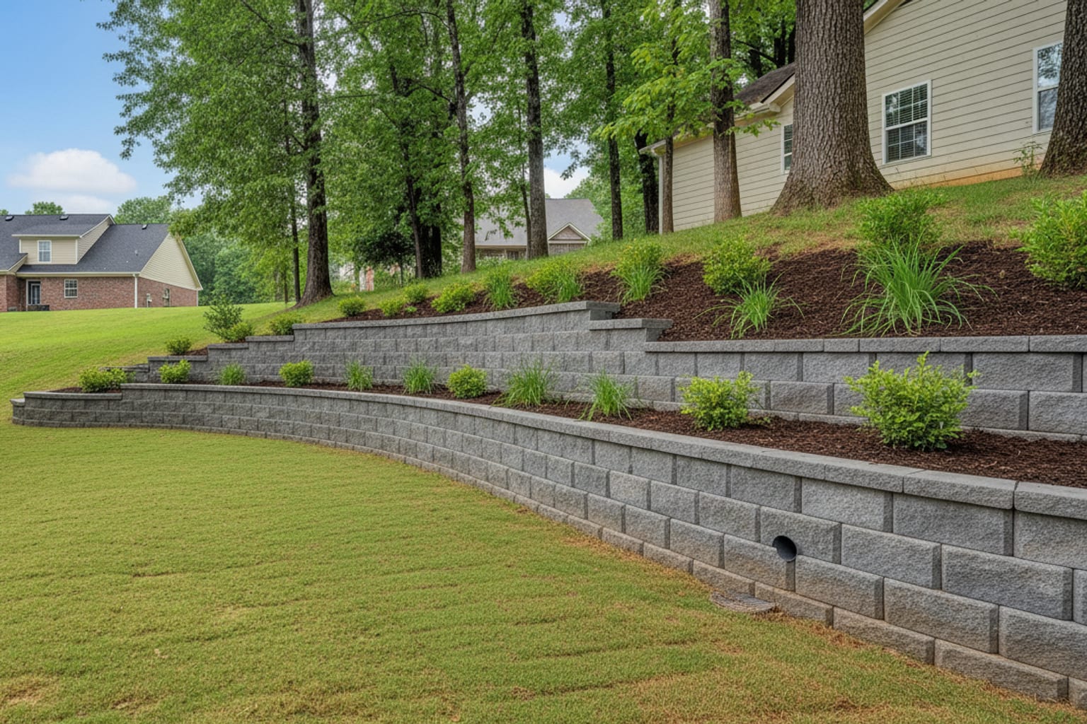 Same residential slope after Hickory Hill installed a tiered segmental block retaining wall with French drain, capped block and fresh landscaping