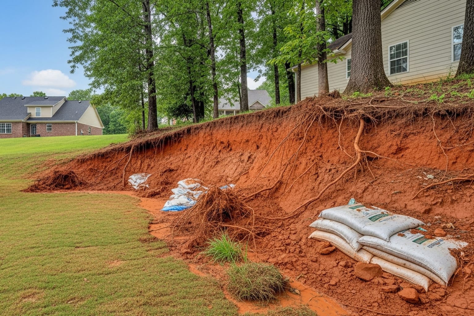 Eroded residential clay slope in Northwest Georgia with exposed roots and failing erosion bags before retaining wall installation