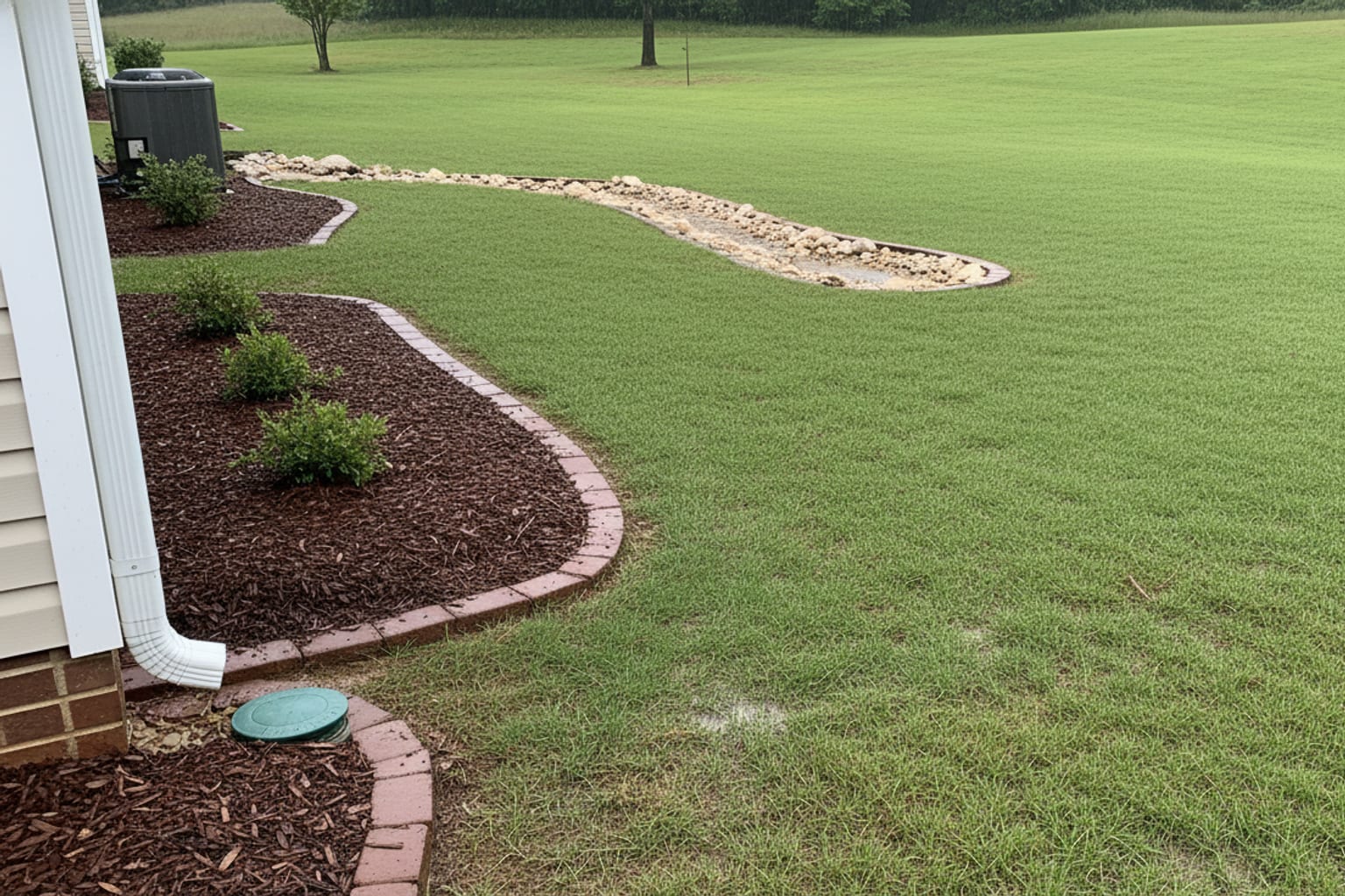 Same backyard after Hickory Hill regraded the lawn, installed a river-rock dry creek bed and buried the downspout drain to a pop-up emitter