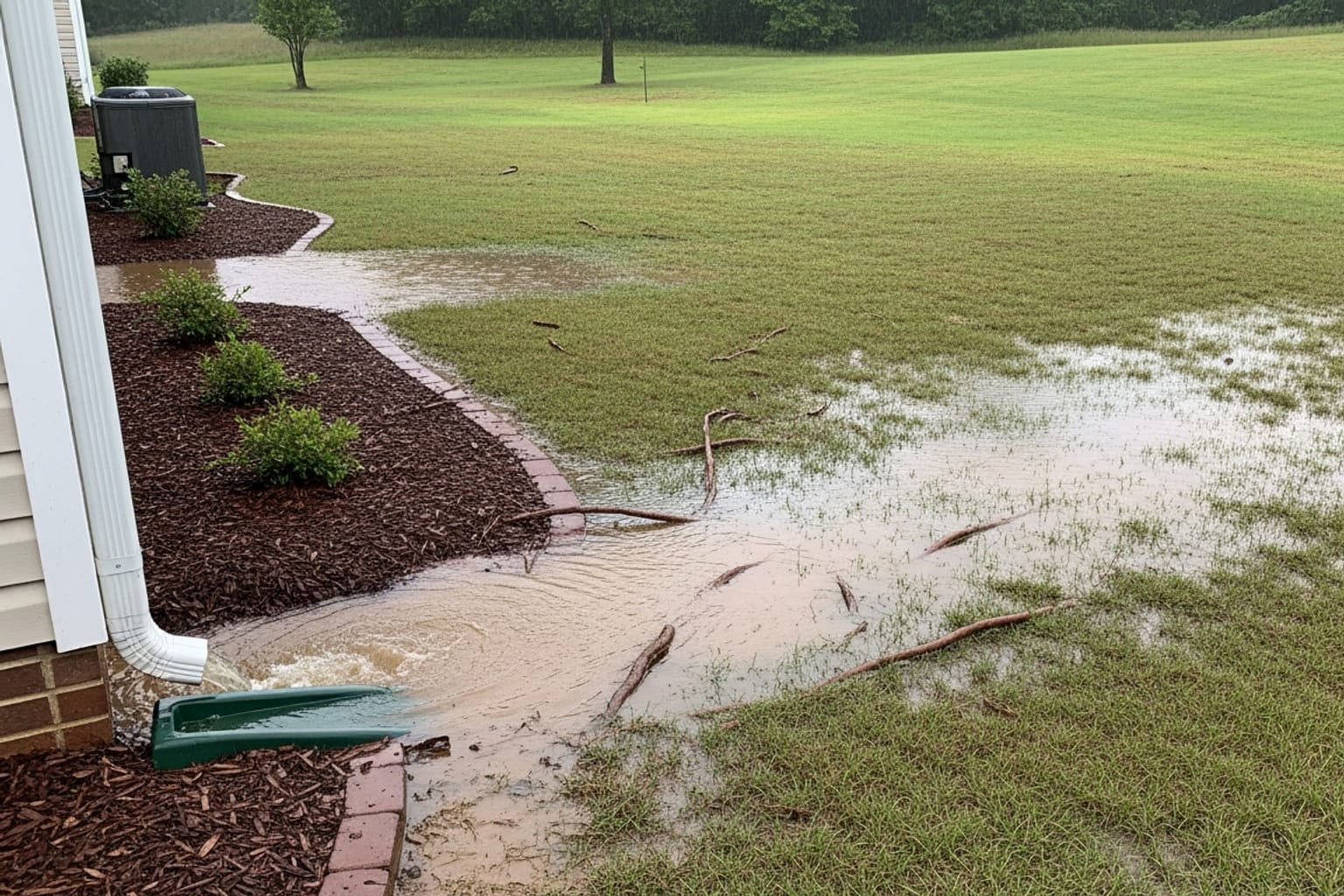 Residential Northwest Georgia backyard flooded with standing water after a heavy rain, soggy lawn and downspout dumping water near the foundation