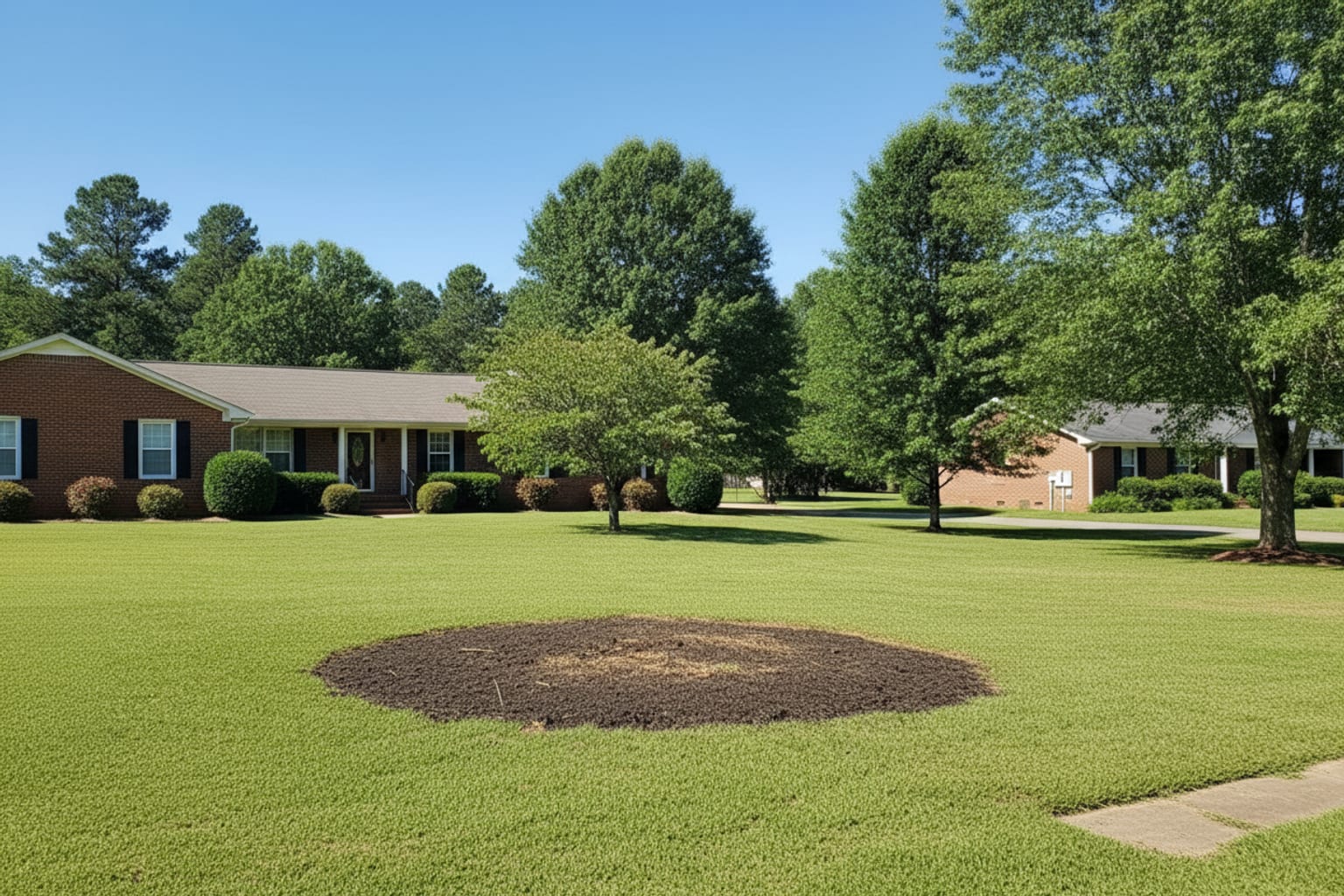 Same Georgia ranch home after Hickory Hill safely removed the dead hardwood, ground the stump and reseeded the lawn