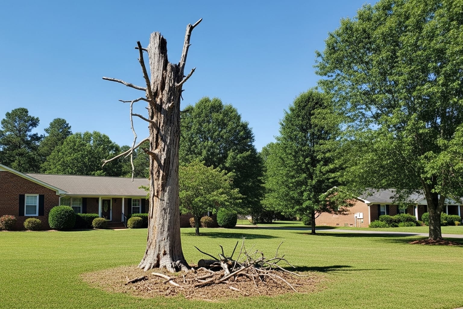 Dead hardwood tree with hanging dead limbs leaning over a Georgia ranch home before professional tree removal